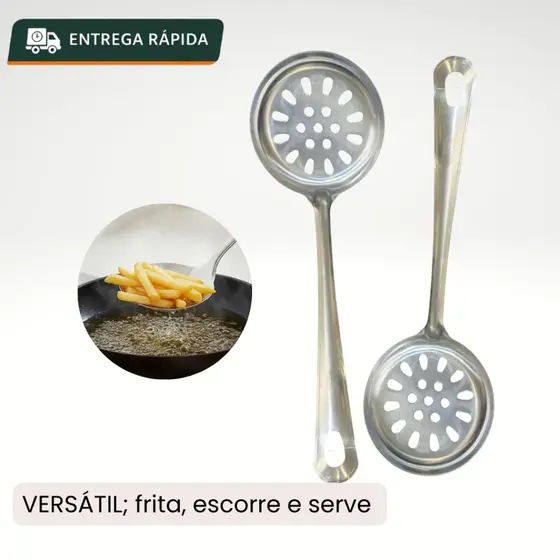 Escumadeira Inox Cozinha – Ideal Para Frituras Massas Escorrer, Servir Resistente Fácil Limpar