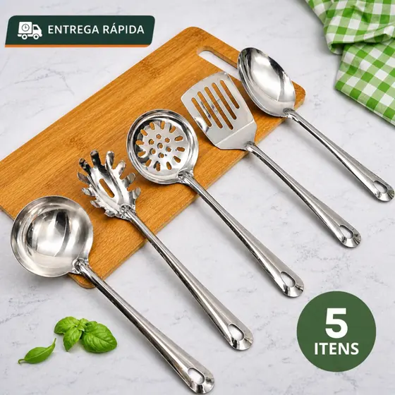 Kit 5 /3 Utensílios Inox Cozinha Jogo Concha Colher Arroz Escumadeira Espátula Pegador De Massas