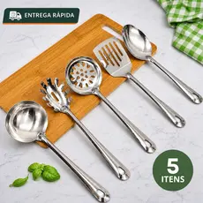 Kit 5 /3 Utensílios Inox Cozinha Jogo Concha Colher Arroz Escumadeira Espátula Pegador De Massas