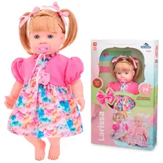 Boneca Bebê Larissa Loira Fala 74 Frases Educativas Com Chupeta Porta Retrato Vestido Rosa - Adijomar