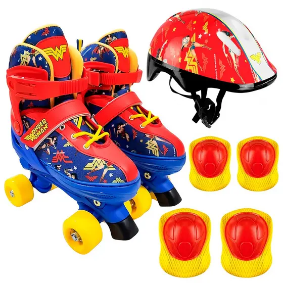 Patins 4 Rodas Ajustável 30-33 Mulher Maravilha Vermelho Com Acessórios Menina Até 60 Kg - Unitoys