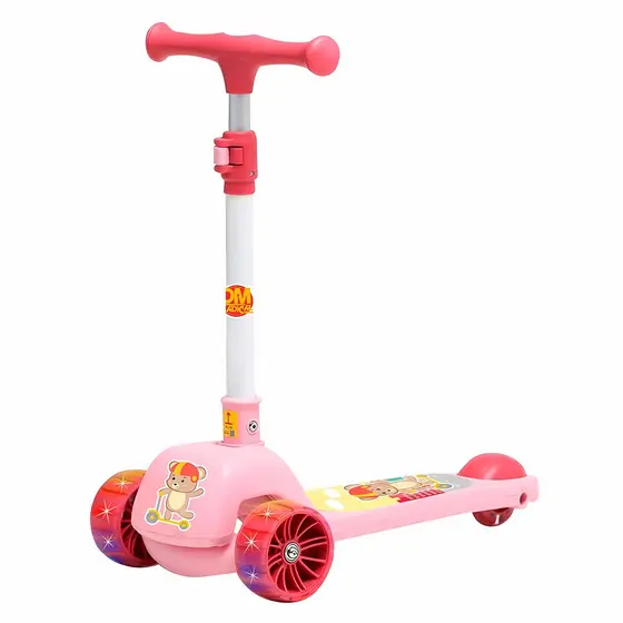 Patinete Infantil Rosa 3 Rodas Fofo Ursinho Com Luz Led Guidão Ajustável Dobrável Menina- Dm Toys