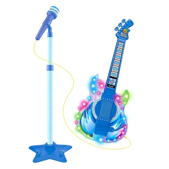 Guitarra E Microfone Infantil Com Pedestal Rock Show Azul Com Som E Luz - Dm Toys