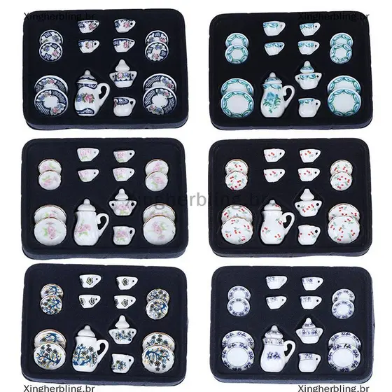 XBBR 1 : 12 Miniatura 15pcs Conjunto De Xícara De Chá De Porcelana Chintz Flor Talheres Cozinha Quente