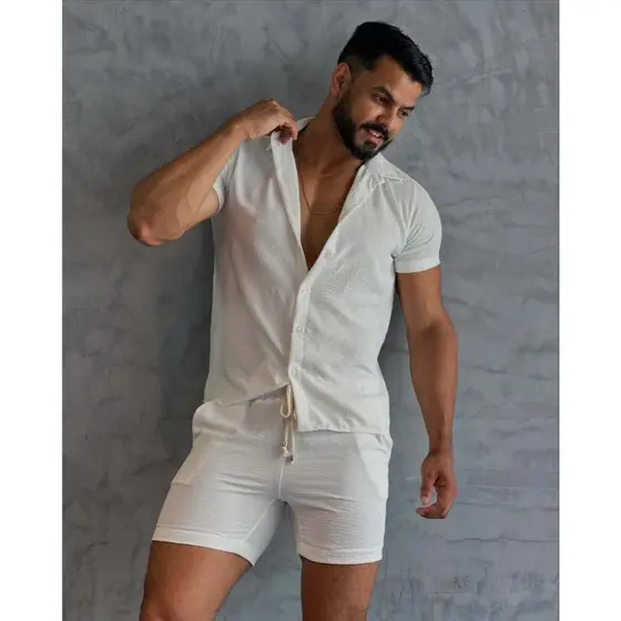 Conjunto Masculino Luxo Bermuda Short+ CamisaCamisa Homem Moda Praia Tendencia 2025 Elegante