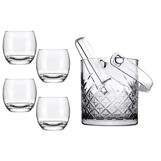 Kit Balde De Gelo Vidro Timeless + 4 Copos Aruba Rocks 345ml