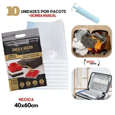 Kit 10 Saco a Vácuo 40x60cm com Bomba Manual Organizador p/ Mala Viagem Roupas Casacos
