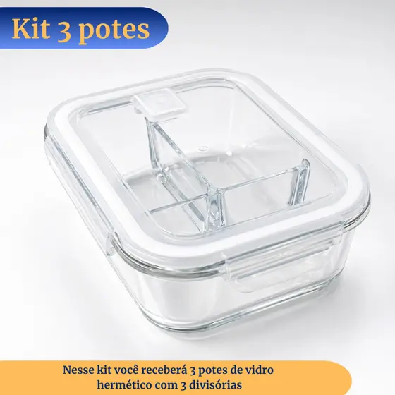 Kit 3 Pote Hermético Vidro Divisória Marmita Fitnes 1000ml
