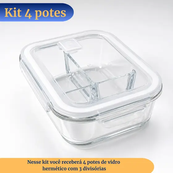 Kit 4 Potes Herméticos de Vidro com 3 Divisórias Marmita 1000ml