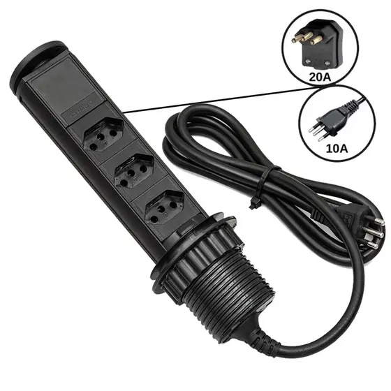 Torre Tomada Embutir 3 Tomadas Retrátil Elétrica Multiplug 10A e 20A Extensão Cozinha Totem Sobrepor