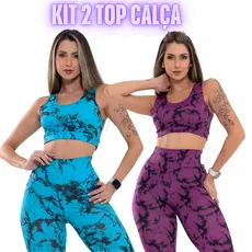 Kit 2 Conjuntos Feminino Tie Dye Marmorizado Conjunto Academia Fitness Legging Cintura Alta Top yoga