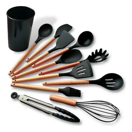 Kit Utensilios Cozinha Jogo 12 Peças Silicone Cabo Madeira