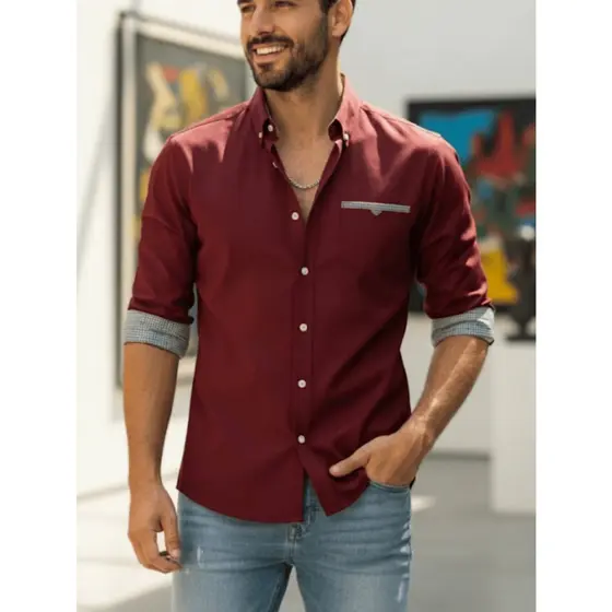 Camisa Masculina Algodão Slim Fit Com detalhes Xadrez - Pronta Entrega