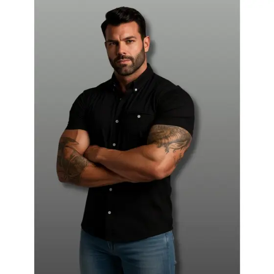 Camisa Masculina Manga Curta Com Elastano Slim fit - Tecido Fresco e Confortável