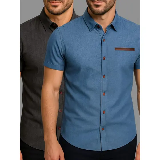 Kit 2 Camisas Masculina Manga Longa Cor Jeans Slim Fit - Escritório, Trabalho e Igreja