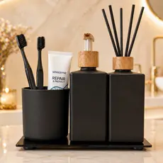 Kit Banheiro Lavabo Luxo Vidro Square Preto Fosco 250ml - Saboneteira Aromatizador Copo Bandeja