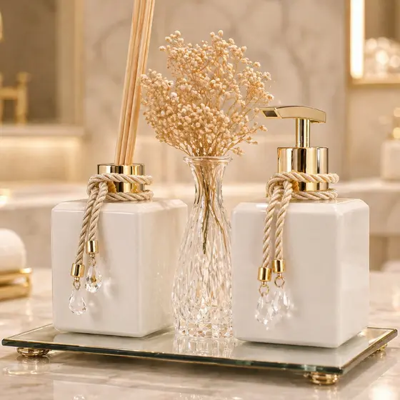 Kit Lavabo em Vidro Cubo Branco 250ml - Com Vaso Bandeja Saboneteira e Aromatizador
