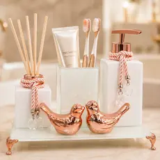Kit Lavabo Luxo Vidro Square Branco Degrade com Porta Escova Pássaros Bandeja Saboneteira e Aromatizador