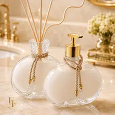 Kit Saboneteira + Difusor em Vidro Jolie Transparente 300ml Lavabo Banheiro Sala Decoração