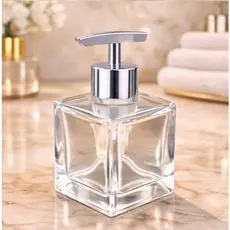 Saboneteira Vidro Cubo Transparente Luxo 100ml - Porta Sabonete Líquido com Válvula Pump
