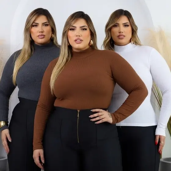 Kit 3 Blusas Cacharrel Canelada segunda pele Inverno Plus Size Elegante Grossa Frio Curvy gola alta