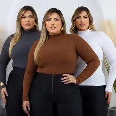 Kit 3 Blusas Cacharrel Canelada segunda pele Inverno Plus Size Elegante Grossa Frio Curvy gola alta