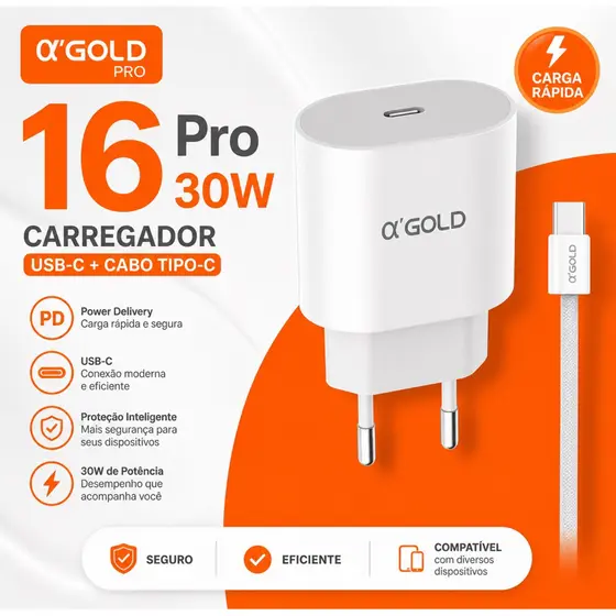 Carregador Original Turbo USB-C 30W com Cabo Tipo-C – α’GOLD Pro 16 Pro