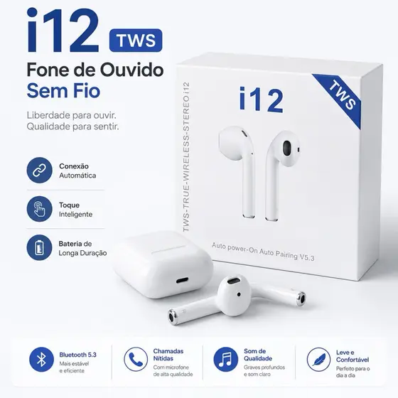 Fone de Ouvido Sem Fio i12 Bluetooth Com Touch Bluetooth 5.3