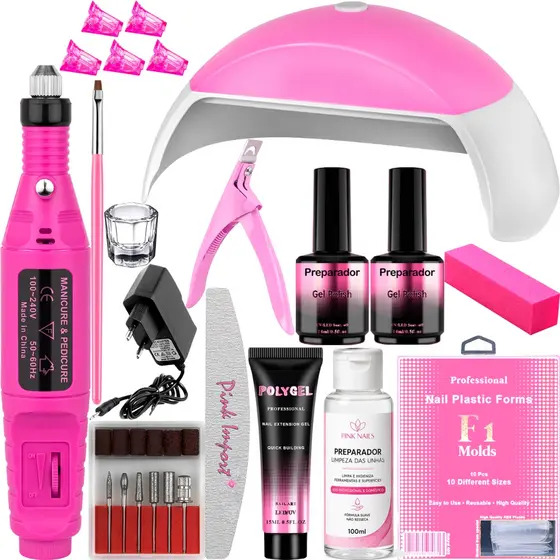 Kit Polygel Completo Cabine Mini G 48W LED UV Unhas Poligel Lixadeira Elétrica Caneta Manicure