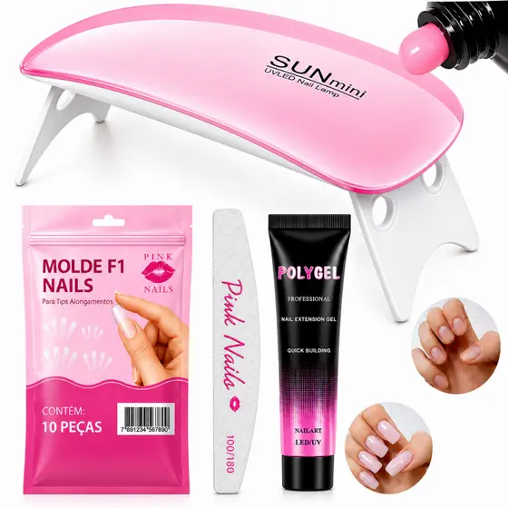 Kit Unha Pollygel Cabine SunMini Portatil Molde F1 Lixa de tips Unhas Postiça