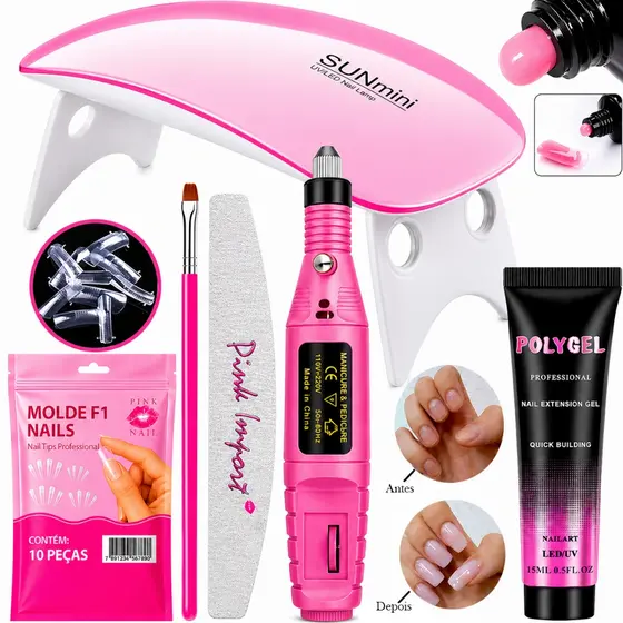 Kit Unha Pollygel Cabine SunMini Portatil Molde F1 Lixa de tips Unhas Postiça