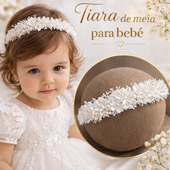 Tiara Batizado de Meia para Bebê Branca Recém Nascido Faixinha Confortável Maternidade Casamento