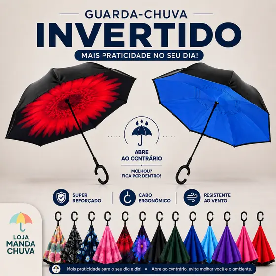 Guarda Chuva Invertido Tecido Duplo  Cabo C Reforçado Grande Feminino Estampado Liso Resistente