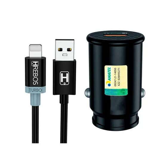 Carregador Veicular Turbo HRebos HS-308i QC4.0 com cabo de Lightning