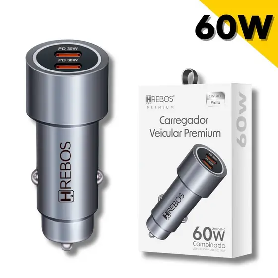 Carregador Veicular Turbo Carro Celular 2x Usb Tipo C 60w Hrebos Premium CRV-203