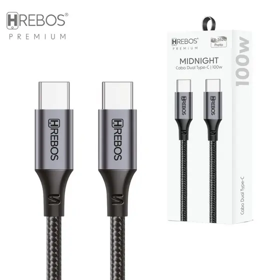 Cabo Hrebos CB-362C Dual Tipo-C 100W Reforçado, 3.1A, 1 Metro, Tecido Trançado para Celular e Notebook