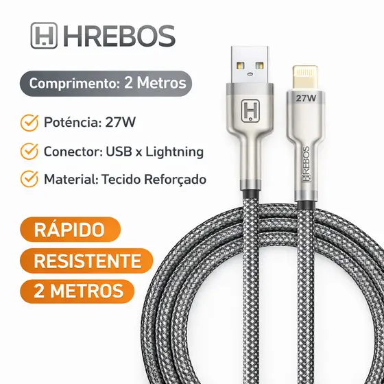 Cabo Carregador Turbo Compatível iPhone 11 12 13 14 Pro Max X XS XR 8 Plus Carplay Hrebos Premium CB-252i 2 Metros