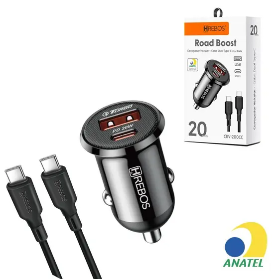 Kit Carregador Veicular Hrebos 20w Turbo Duplo USB A + Type C Compatível Android iPhone  15 e 16 Pro Max