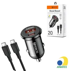 Kit Carregador Veicular Hrebos 20w Turbo Duplo USB A + Type C Compatível Android iPhone  15 e 16 Pro Max