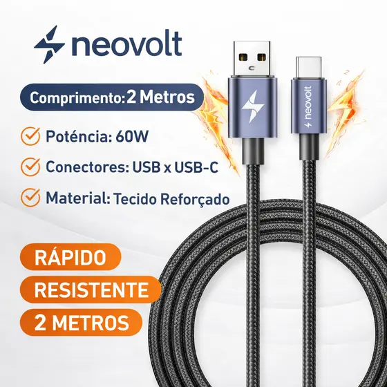 Cabo Tipo-C x USB Turbo 60w 5A de 2 Metros com Acabamento em Tecido trançado - Neovolt