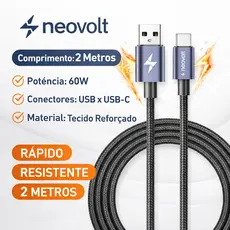 Cabo Tipo-C x USB Turbo 60w 5A de 2 Metros com Acabamento em Tecido trançado - Neovolt