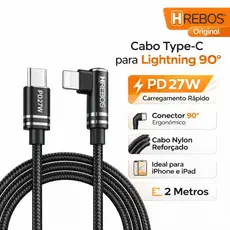 Cabo Gamer Usb C para iPhone 11 12 13 14 Pro Max X XS XR 90° Hrebos Macho/Macho 2 Metros Preto