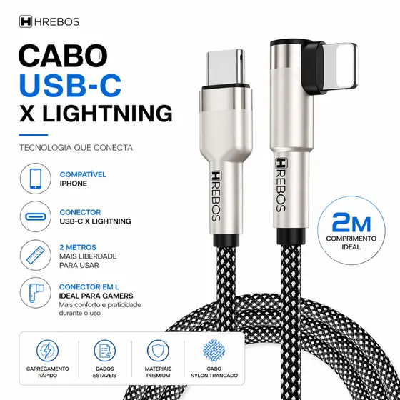 Cabo Celular Gamer Turbo 90 Graus Reforçado 30W 2 metrosType-c Lightning Para iPhone 11 12 13 14 XR  Carregamento Rápid