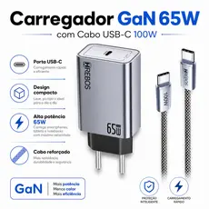 Carregador Celular Turbo 65W USB-C PD + Cabo Type-C Carga Rápida Carregador Rapido Gan