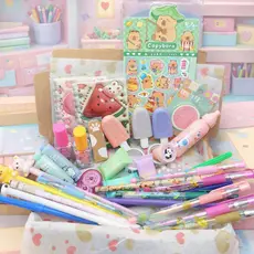 Caixa Kit Papelaria Fofa 20 Itens Variados Criativos com Canetas, Caderneta, Blocos e Marca Texto