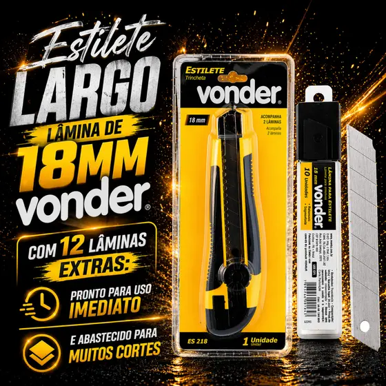 Kit Estilete Vonder Profissional + 12 Lâminas Emborrachado Com Trava 18mm de Precisão Alta Qualidade