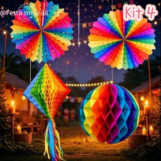 Kit 4 Enfeite Decoração Lasango (22) + bola(91) + 2pc Leque Arraia Junina Junino Julina São João Festa Casa Escola