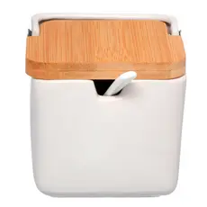 Porta Saleiro Açucareiro de Porcelana Com Colher e Tampa Madeira