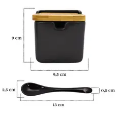 Saleiro Açucareiro 270ml Preto Luxo Manhattan Com Tampa Bambu E Colher