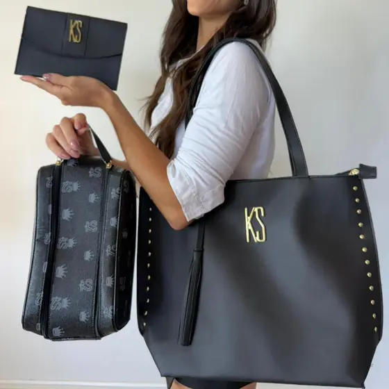 Bolsa Feminina Sacola Tote Grande Kit 3 em 1 Necessaire Porta Documento Notebook Couro Eco Trabalho Faculdade